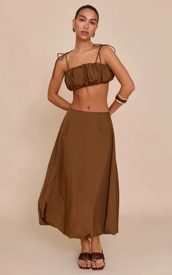 Chestnut Cotton Poplin Low Rise Maxi Puff Ball Skirt