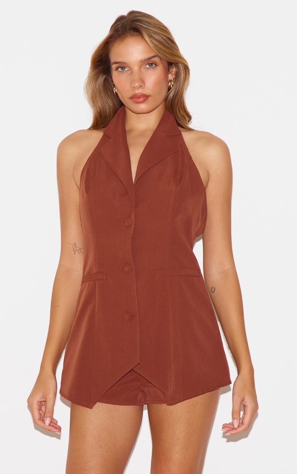 Chocolate Woven Plunge Vest Skort Romper