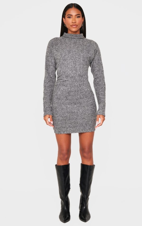 Charcoal Slouchy Ruched Detail High Neck Bodycon Dress