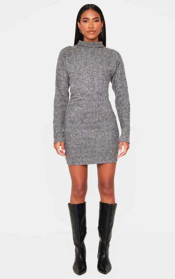 Charcoal Slouchy Ruched Detail High Neck Bodycon Dress