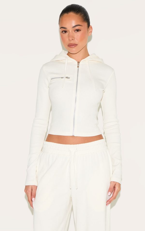 Cream Zip Up Ribbed Track Top