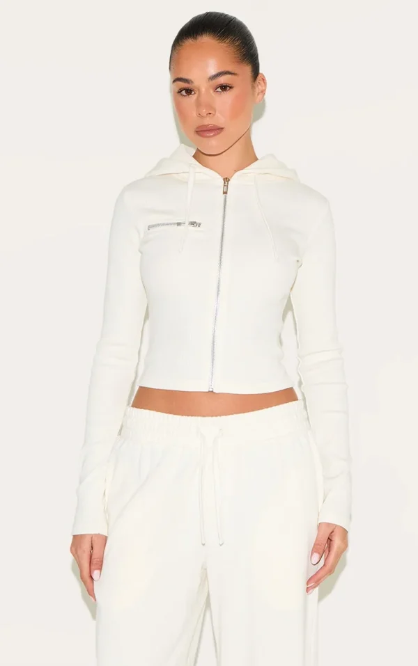 Cream Zip Up Ribbed Track Top