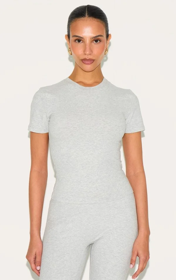 Petite Grey Marl Sculpt Longline Short Sleeve Gym Top