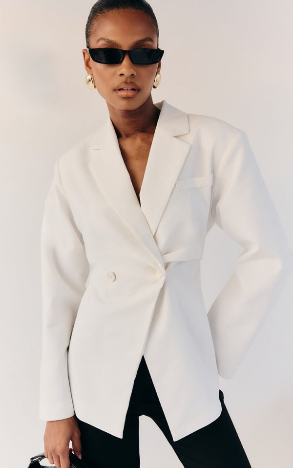 White Linen Look Tailored Cinched Waist Blazer