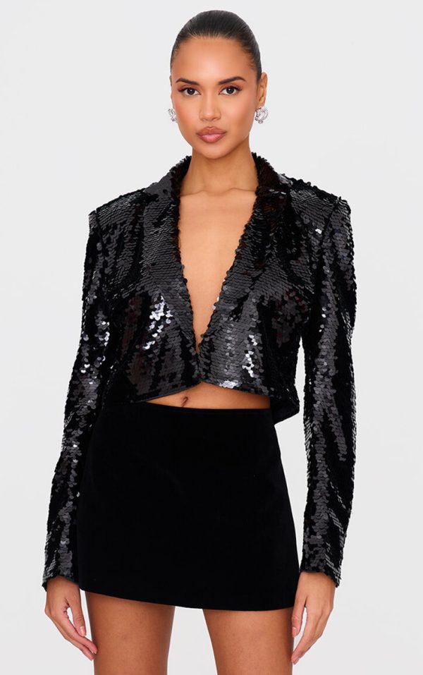 Black Cropped Sequin Blazer