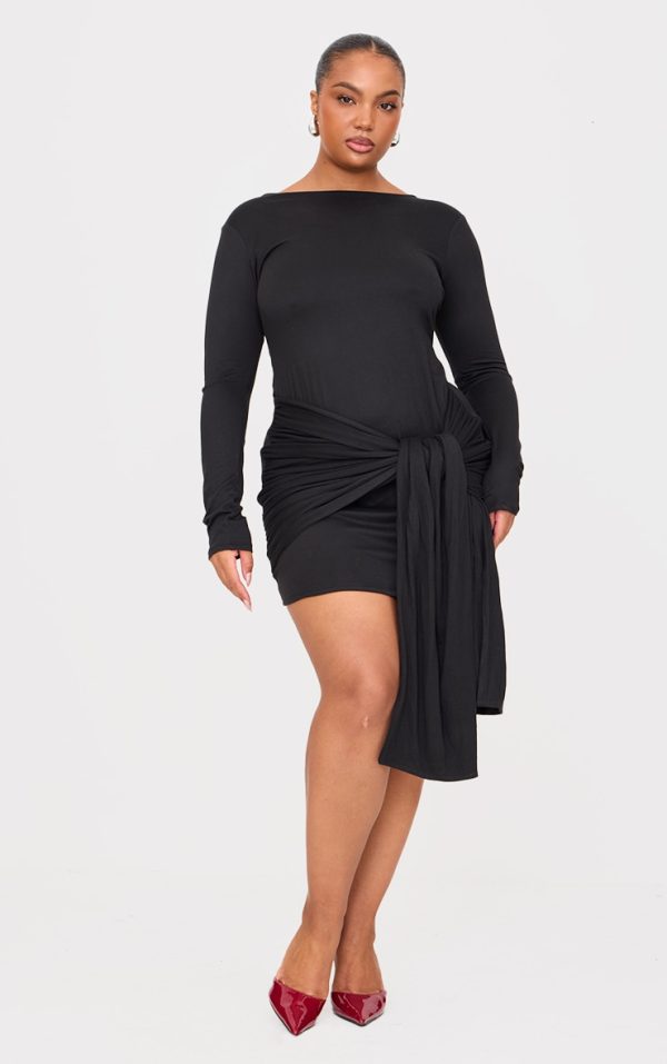 Plus Black Double Contour Long Sleeve Wrap Detail Bodycon Dress