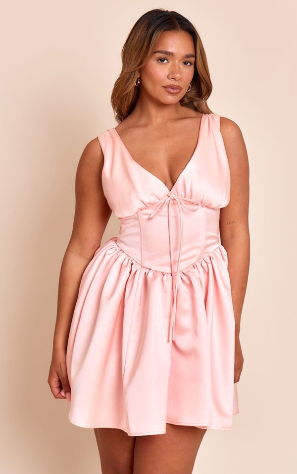 Shape Pink Satin Plunge Front Cinched Waist Skater Mini Dress