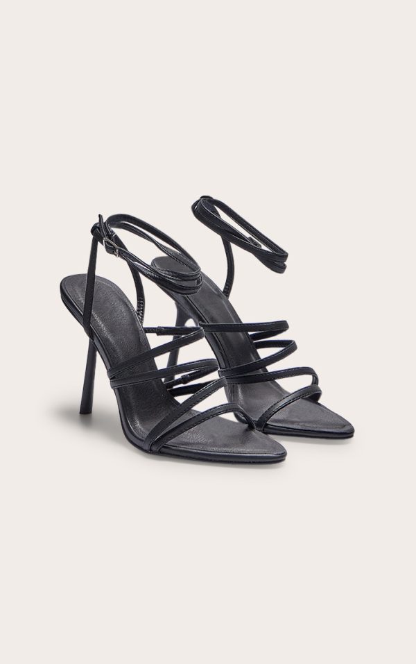 Black PU Point Toe Cross Strap High Stiletto Heeled Sandals