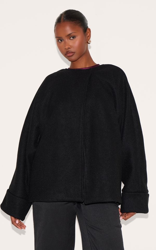 Black Wool Look Batwing Jacket