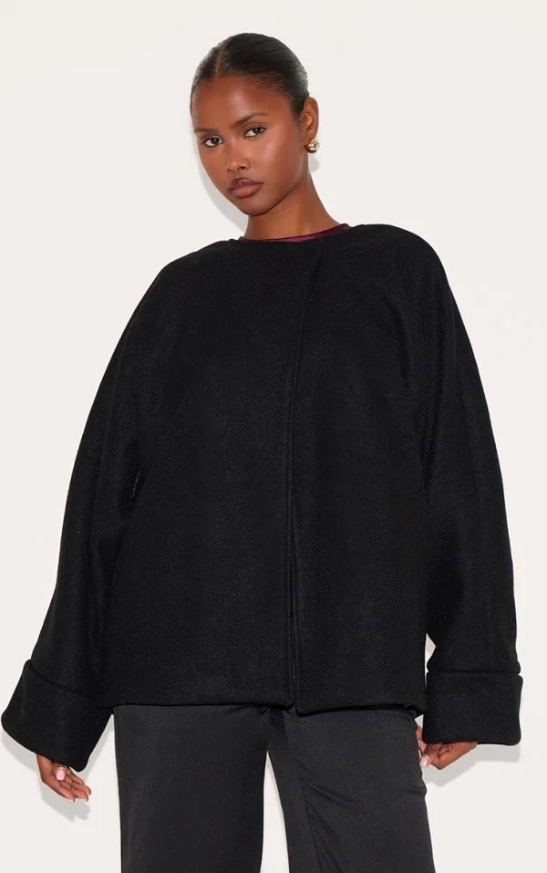 Black Wool Look Batwing Jacket