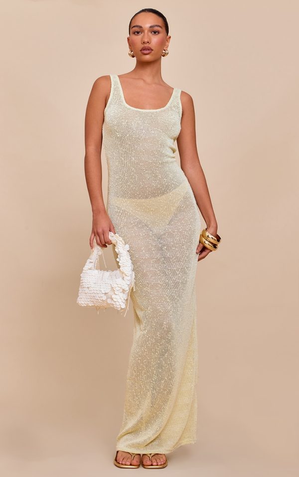 Lemon Sequin Sheer Racer Neck Maxi Dress