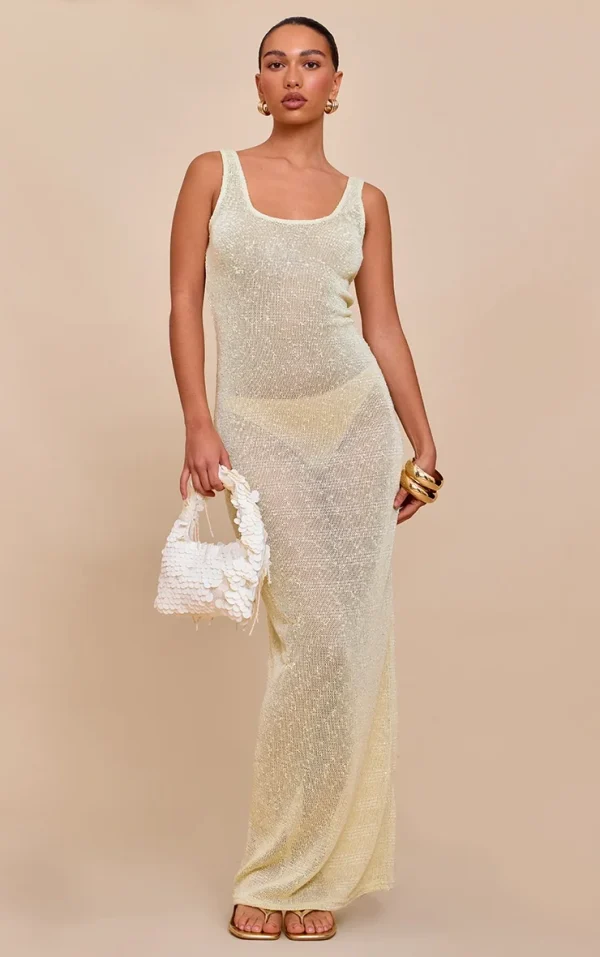 Lemon Sequin Sheer Racer Neck Maxi Dress