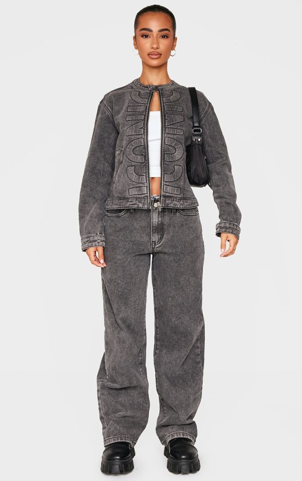 Petite Washed Black Iconic Embossed Denim Jeans