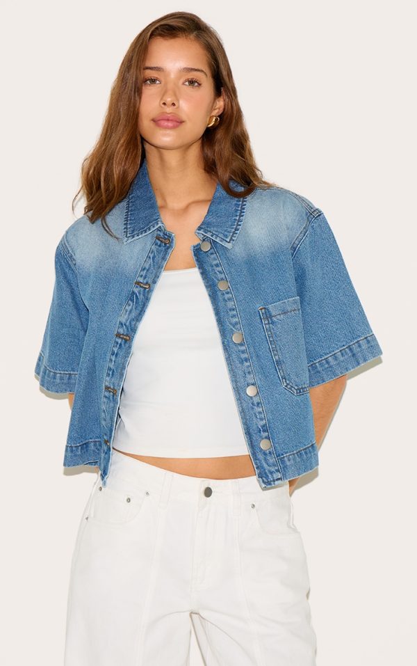 Mid Blue Wash Short Sleeve Pocket Detail Denim Shirt