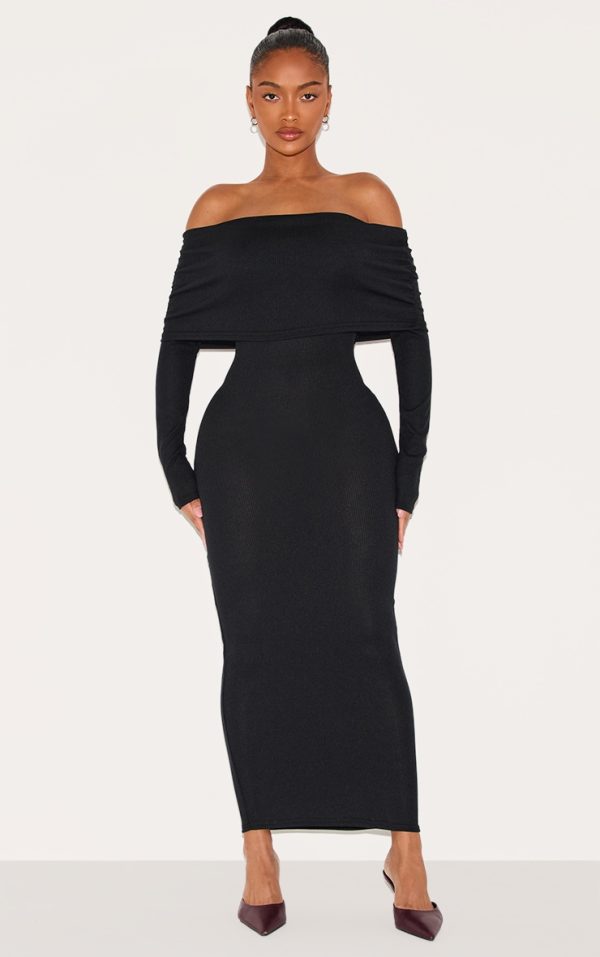 Shape Black Fold Over Bardot Rib Maxi Dress