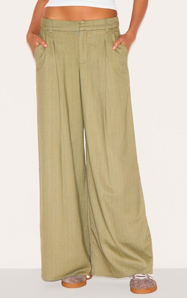 Premium Olive Woven Pinstripe Tailored Straight Leg Pants