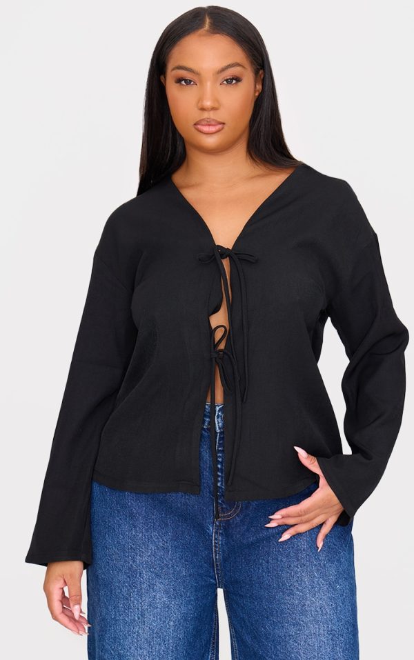 Plus Black Woven Tie Front Flared Sleeve Shirt
