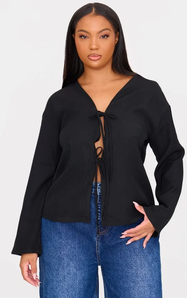 Plus Black Woven Tie Front Flared Sleeve Shirt