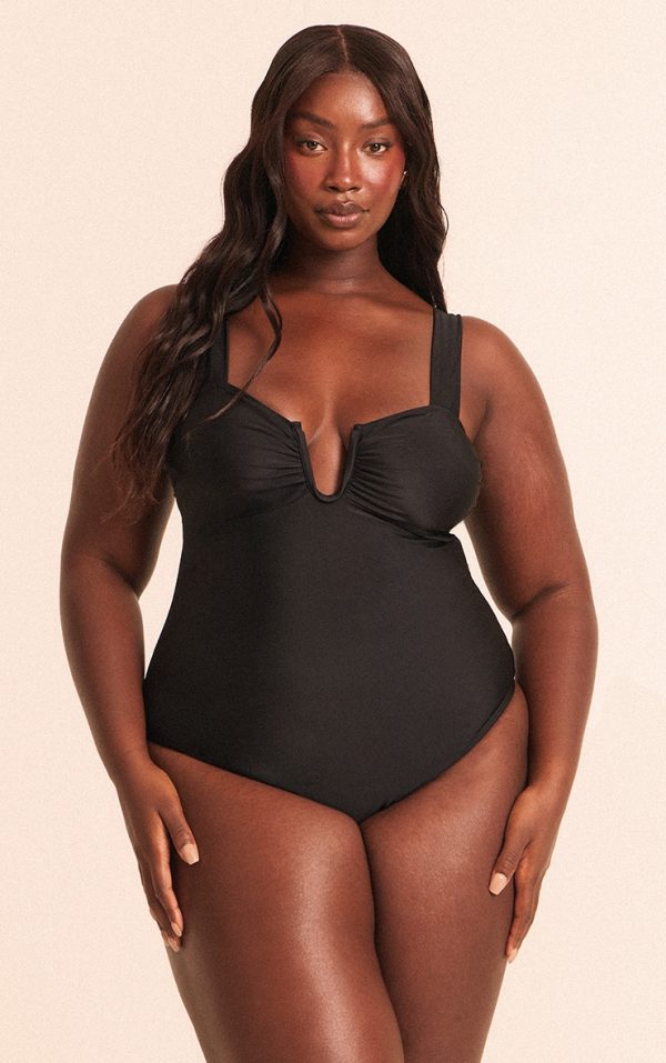 Plus Black Underwired U Bar Ruched Cup Swimsuit