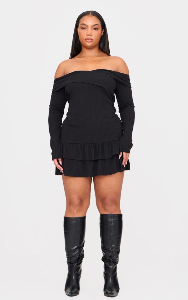 Plus Black Ribbed Bardot Cross Over Bust Detail Shift Dress