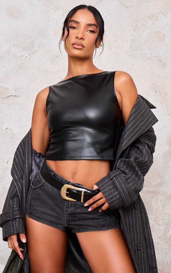Black Boatneck Faux Leather Long Top