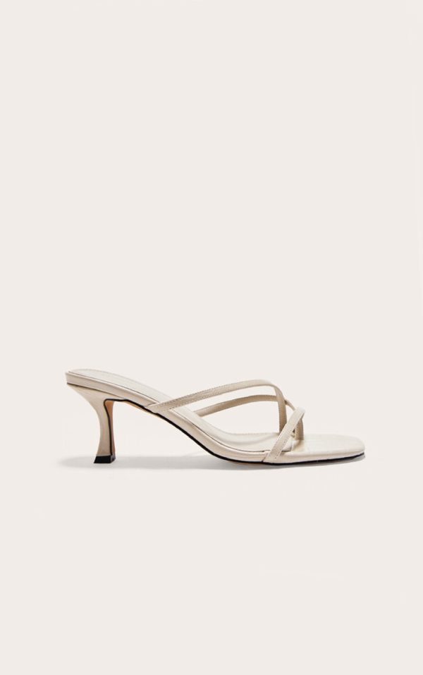 Cream Croc PU Square Toe Strappy Toe Thong Mid Stiletto Heeled Mules