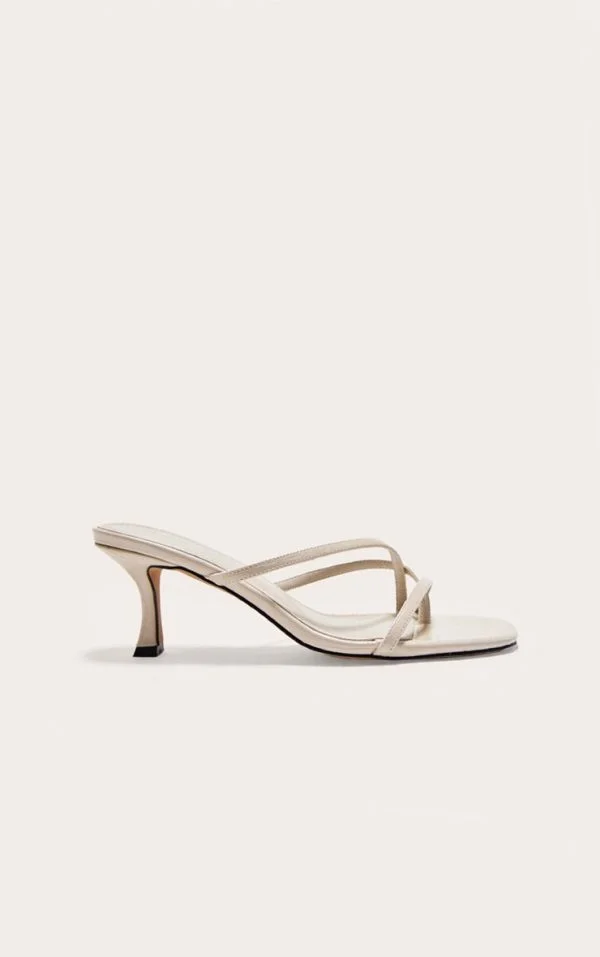 Cream Croc PU Square Toe Strappy Toe Thong Mid Stiletto Heeled Mules