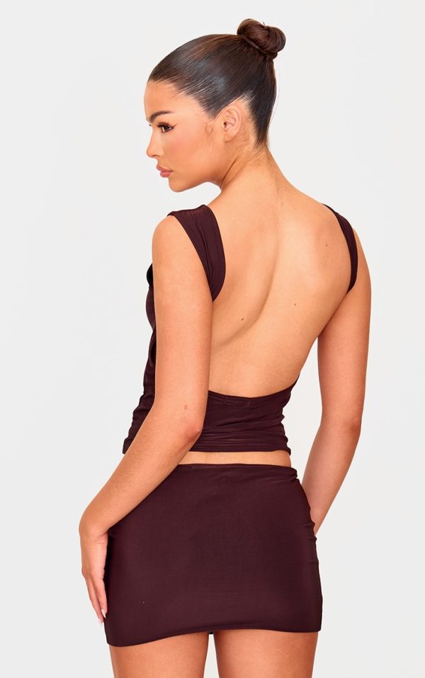 Chocolate Slinky Open Back Cap Sleeve Longline Top