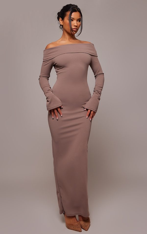 Mushroom Crepe Long Sleeve Bardot Maxi Dress