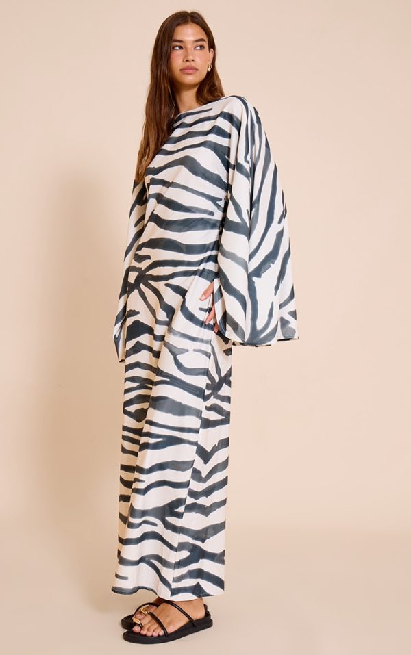 Zebra Print Floaty Woven Flared Sleeve Maxi Dress