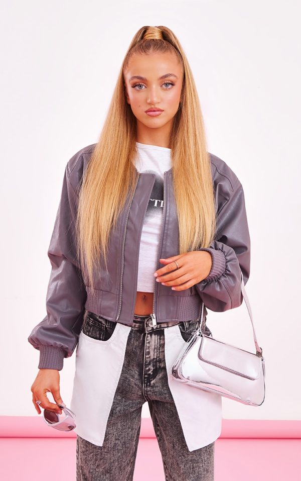 Petite Silver Metallic Oversized Bomber Jacket