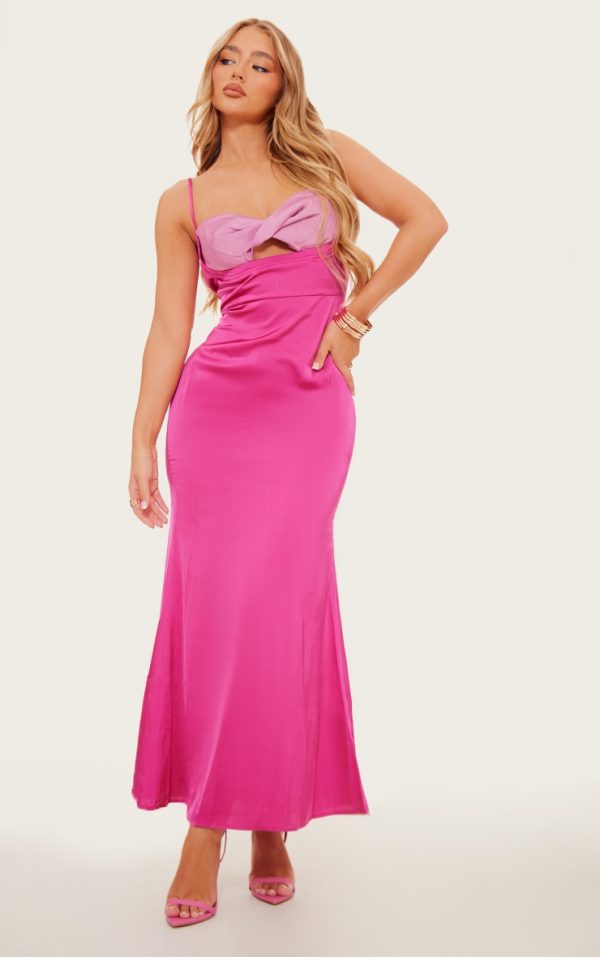 Dark Pink Satin Contrast Front Twist Cup Midaxi Dress