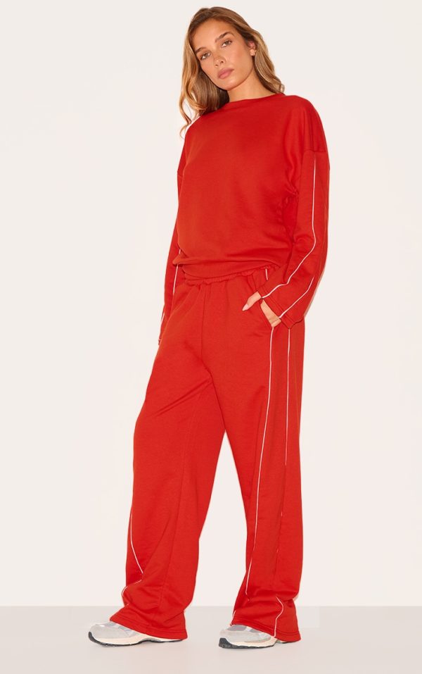 Red Contrast Piping Detail Wide Leg Sweatpants