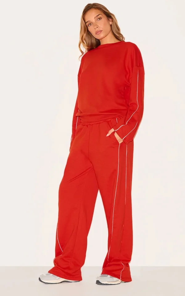 Red Contrast Piping Detail Wide Leg Sweatpants