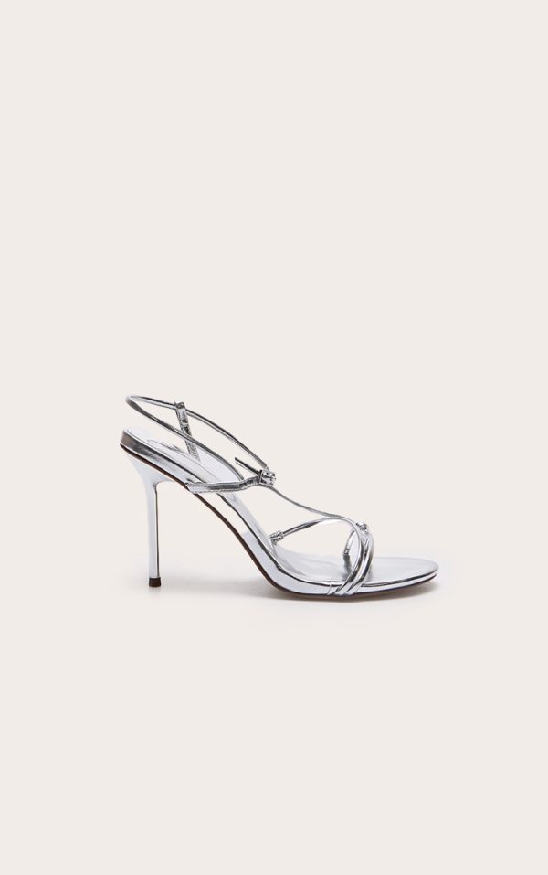 Silver Wide Fit Pu Strappy Asymmetric Buckle High Stiletto Heeled Sandals