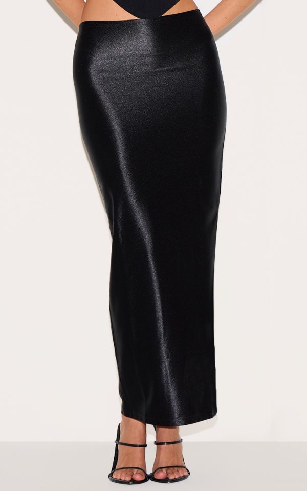 Black Stretch Satin Split Side Midaxi Skirt
