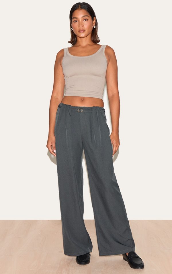Slate Grey Woven Pleated Belt Detail Wide Leg Pants