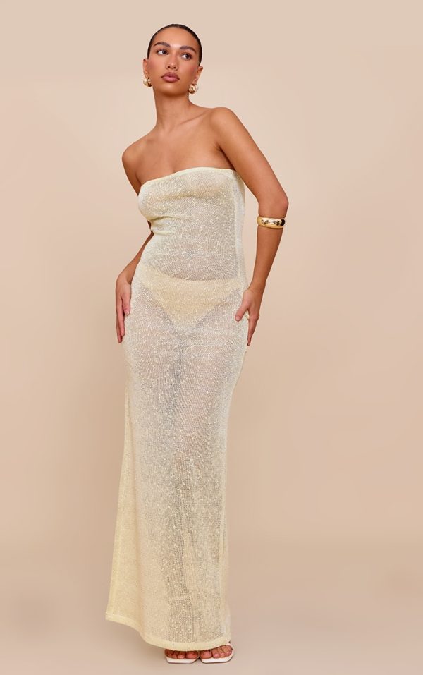 Pale Lime Sequin Sheer Bandeau Maxi Dress