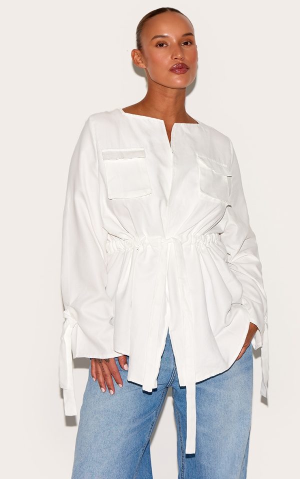 Plus White Faux Suede Cargo Ruched Waist Shirt