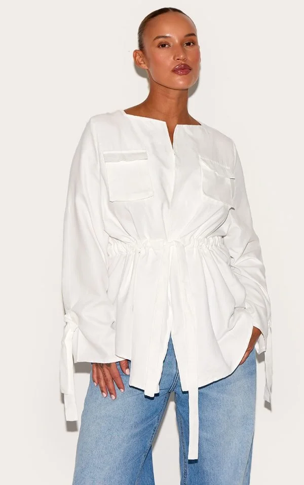 Plus White Faux Suede Cargo Ruched Waist Shirt