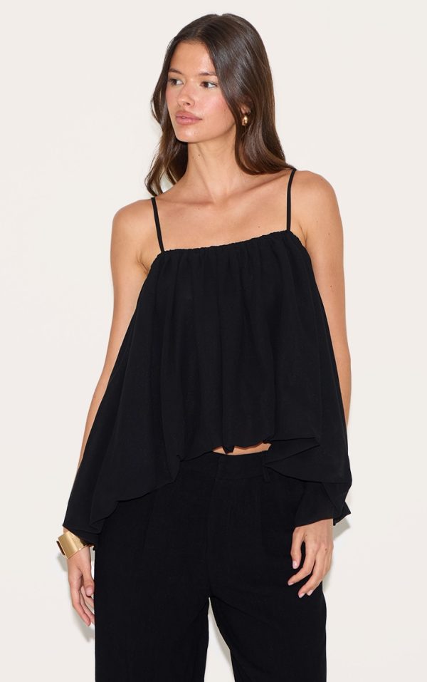 Black Puffball Chiffon Spaghetti Strap Cami