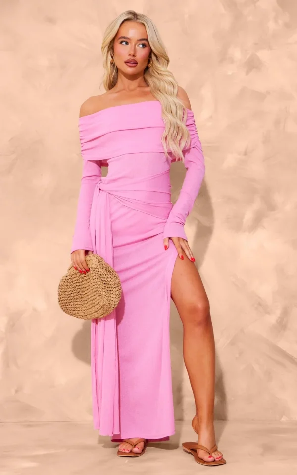 Pink Onion Skin Bardot Tie Waist Maxi Dress