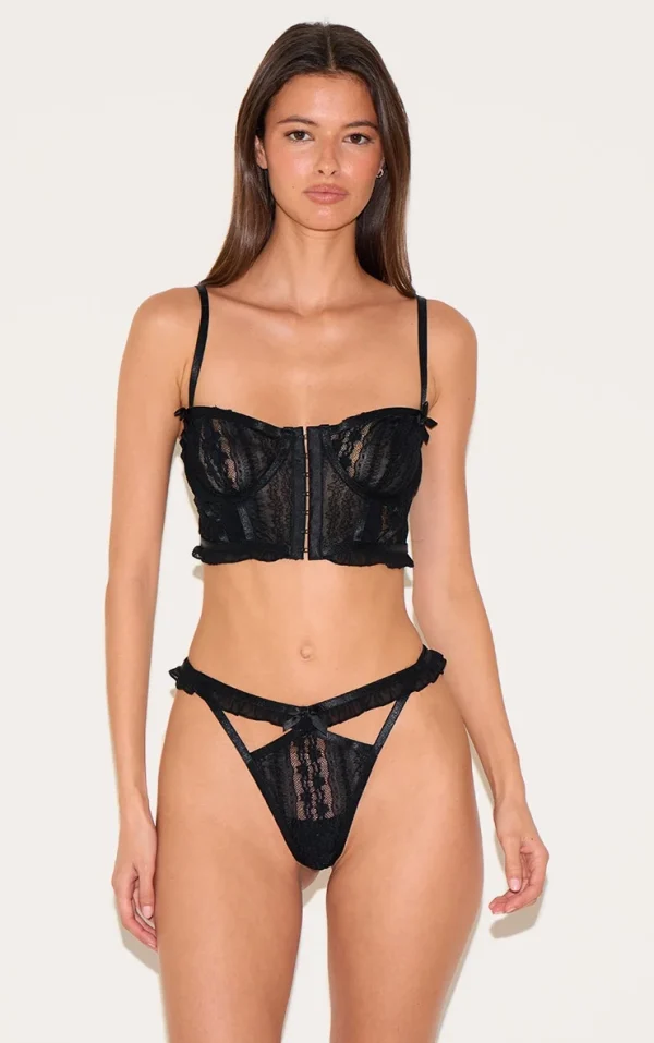 Black Textured Lace Corset Lingerie Set