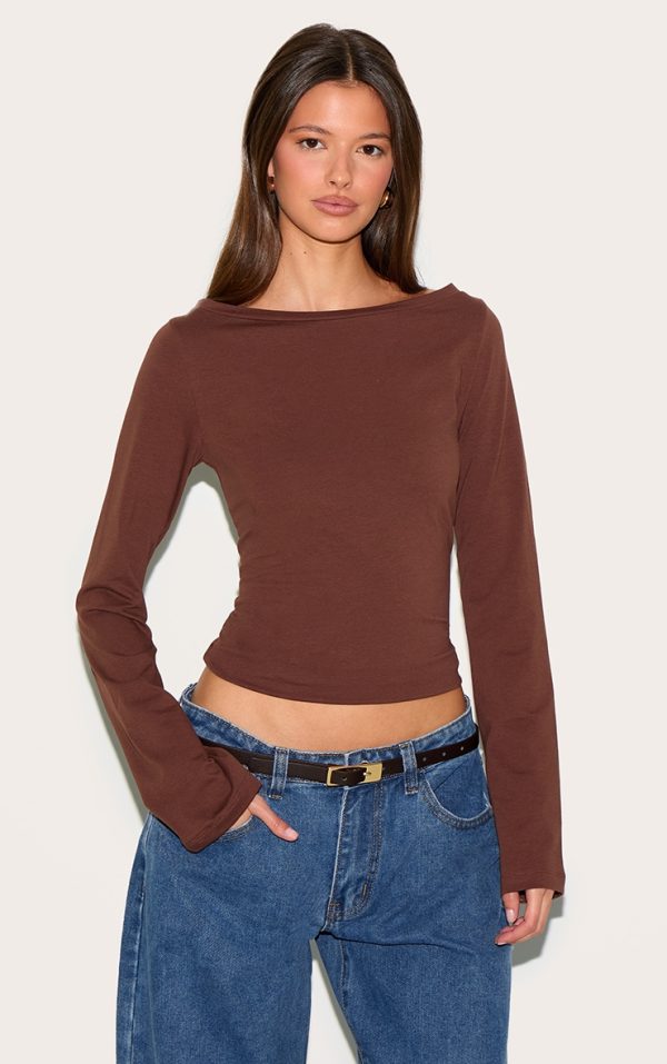 Chocolate Crew Neck Flared Sleeve Long Top