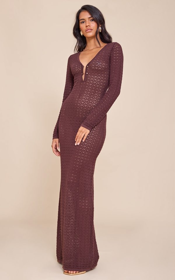 Chocolate Maxi Crochet Trim Long Sleeve Dress