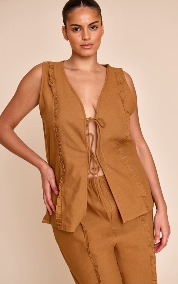 Plus Tan  Sleeveless Tie Front Top