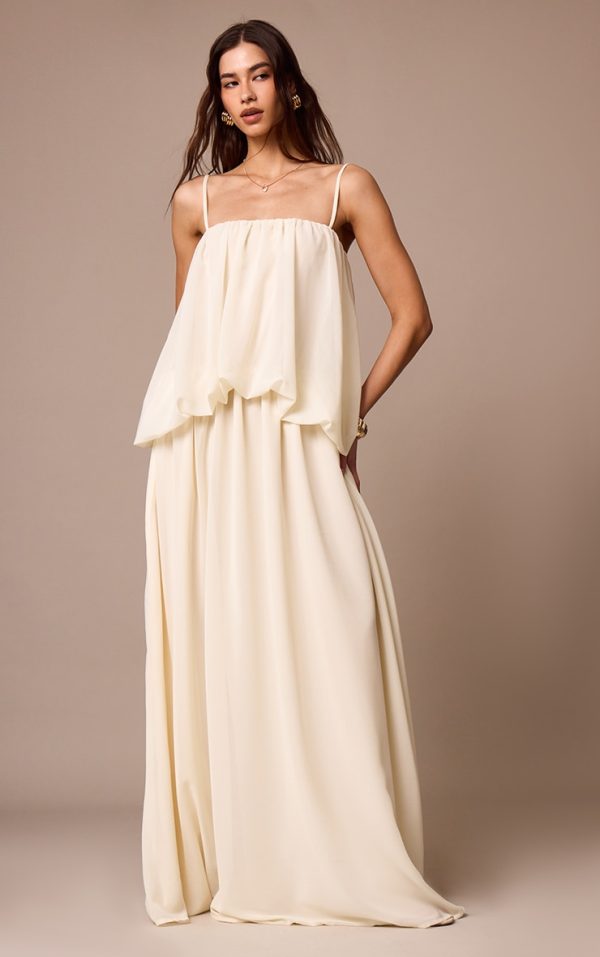 Cream Chiffon Layered Puffball Maxi Dress