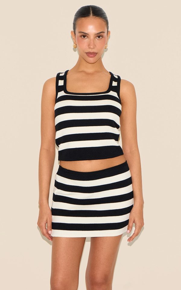 Petite White Stripe Knitted Mini Skirt