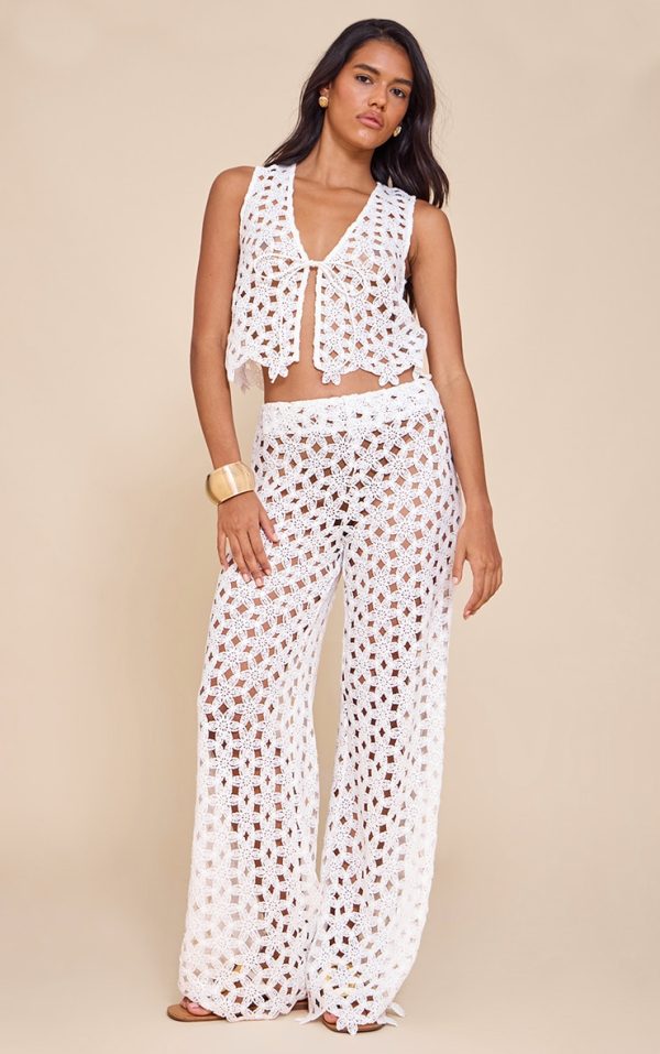 White Embroidered Straight Leg Pants