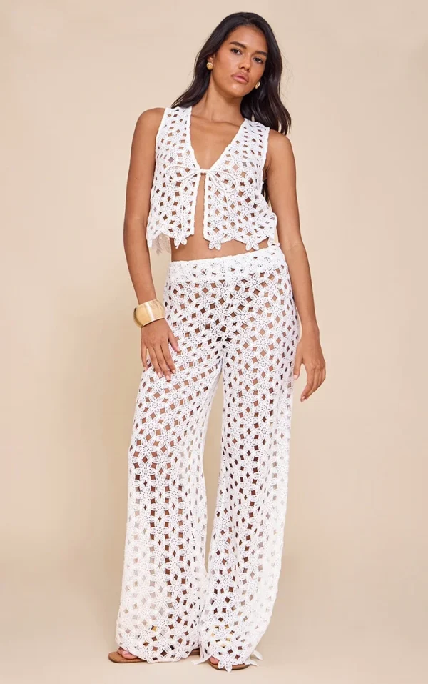 White Embroidered Straight Leg Pants
